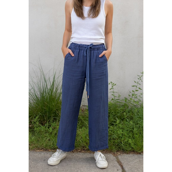Meo Meo Pants - Meo Meo Linen Wide Leg Pants Womens One Size Cropped Raw Hem Navy Blue Beachy